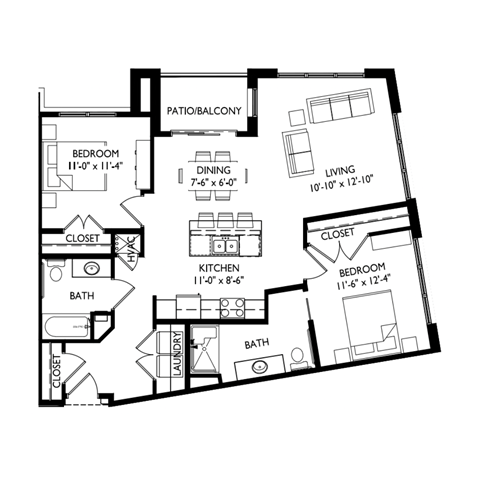 Floor plan for 2 beds, 2 baths, 1061 sqft